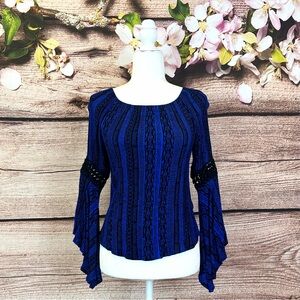 Vintage America Women’s Blue Black Boho Abstract Print Bell Dramatic Sleeve